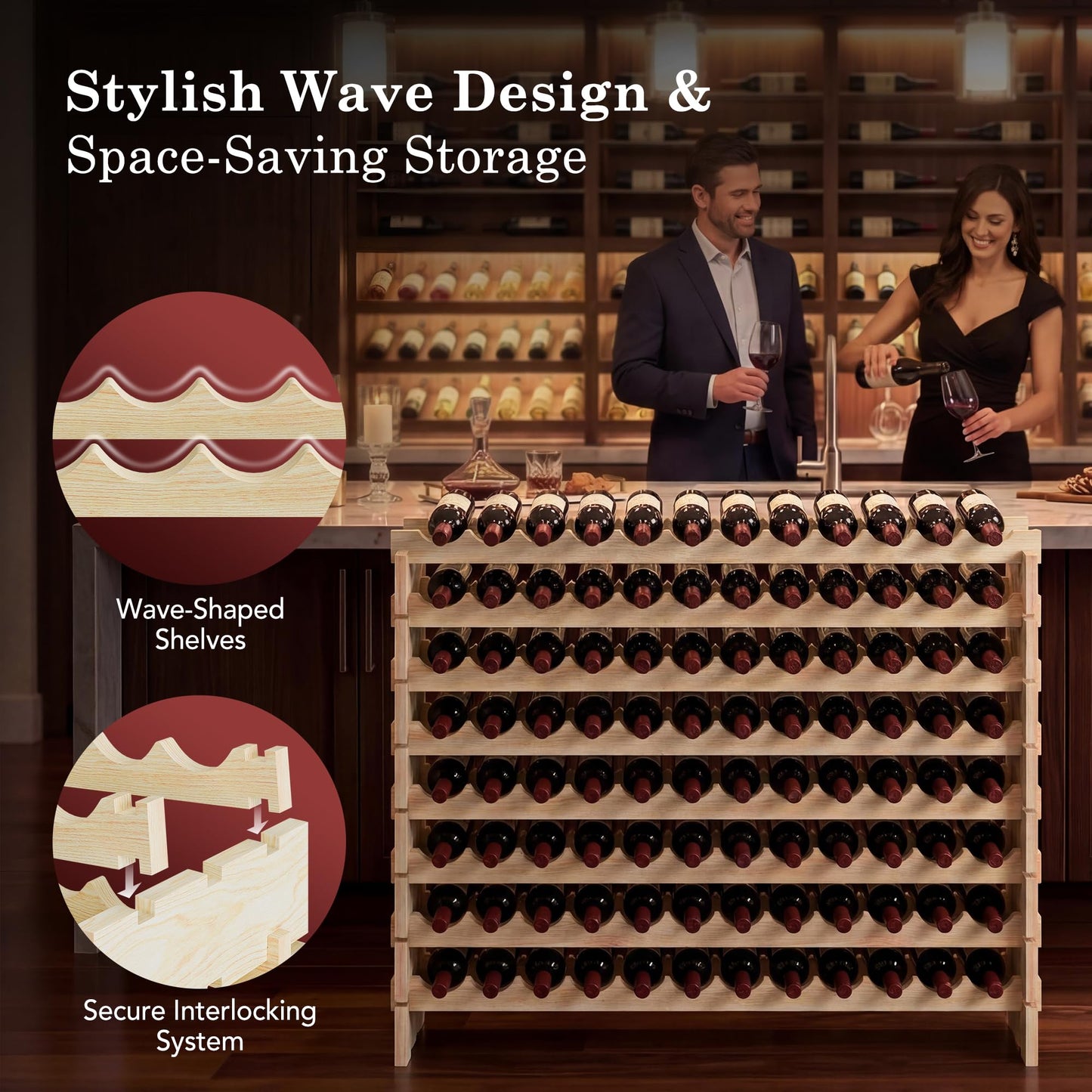 Smartxchoices 96 Bottles Stackable Modular Wine Rack, 8-Tier Wooden Wine Storage Rack Freestanding Wine Holder Display Shelves, Wobble-Free Shelves, Solid Wood
