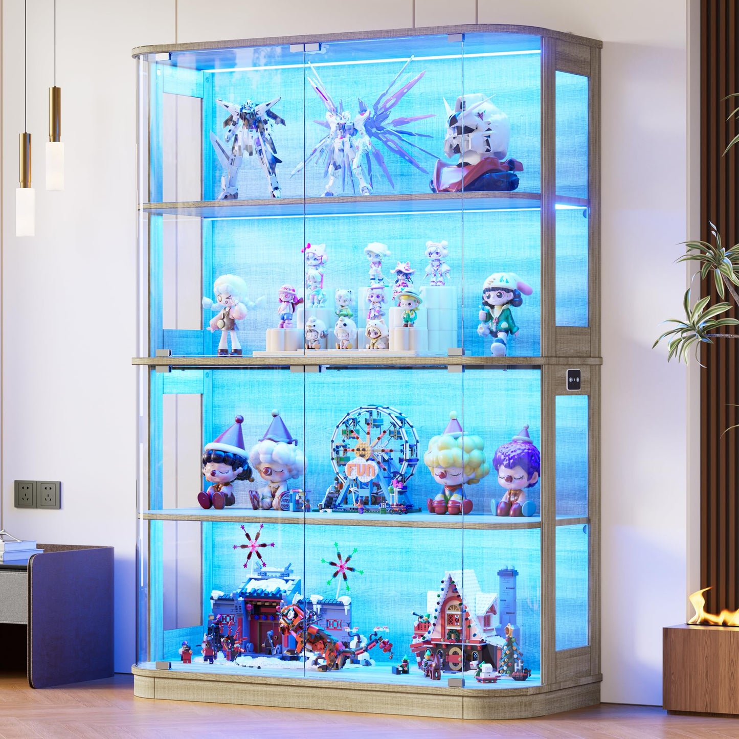 PAKASEPT 47.2" Large Rounded Display Cabinet with Glass Doors, 4-Tier Curio Cabinet Storage Case with LED Lights & Press-to-Open Doors, Modern Display Shelf for Collectible,Human Body Sensor (2)