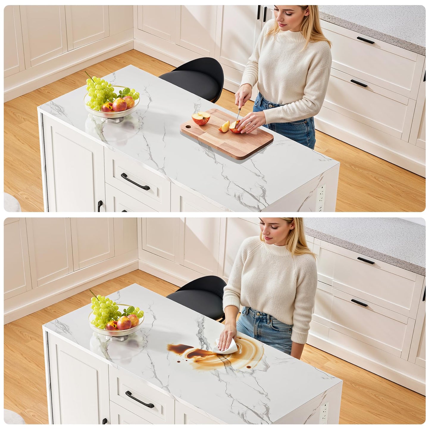 ONBRILL 47.3" Kitchen Island with 2 Storage Cabinets & 4 Drawers, Modern Imitation Marble Dining Table with Power Outlet, Island Bar Table for Kitchen, Dining Room, Living Room, White