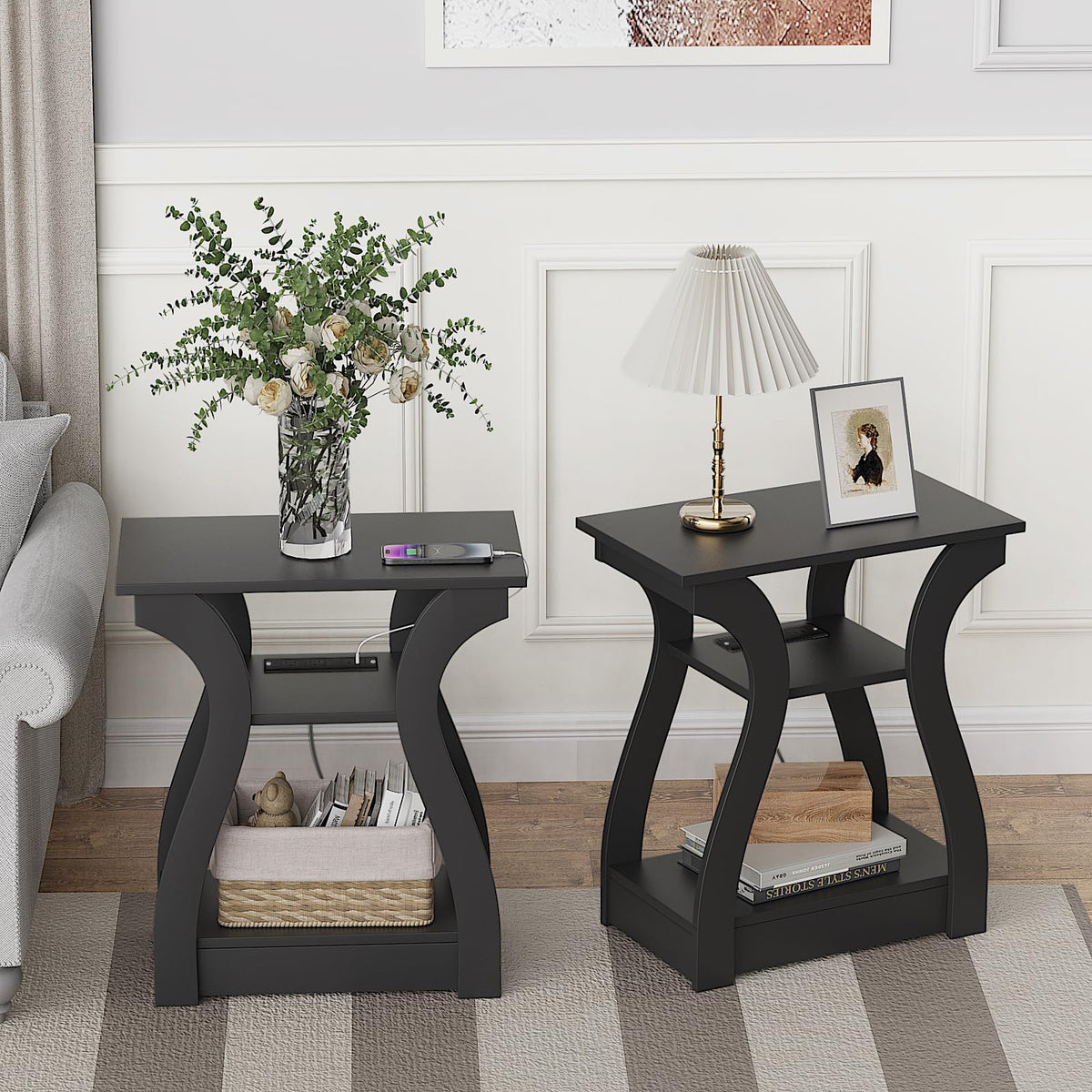 FROMJBEST End Tables Living Room Set of 2 with Charging Station, Black