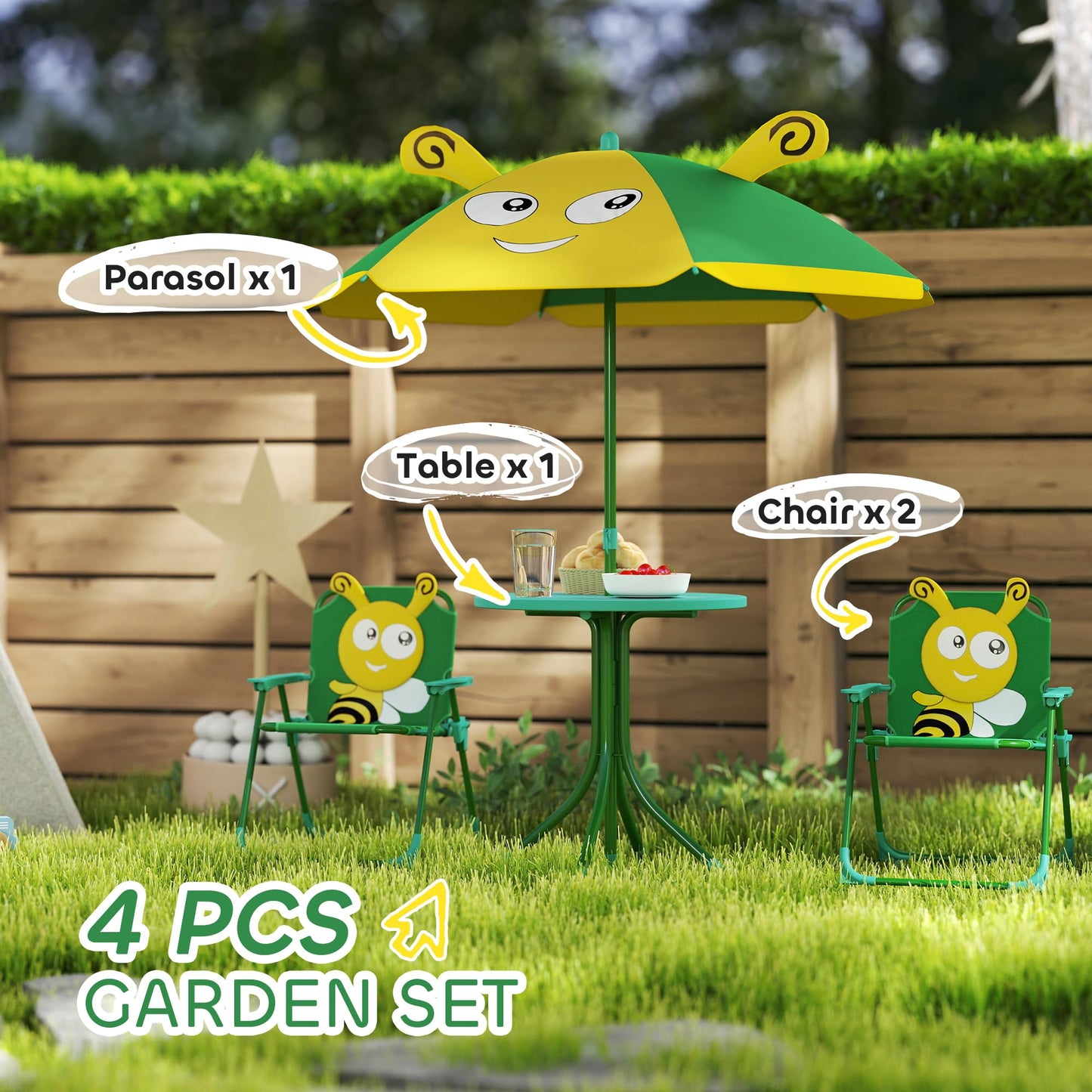 Qaba Kids Picnic Table and Chair Set, Outdoor Activity Table with Foldable Chairs, Removable Umbrella, Bee Pattern Toddler Patio Furniture for Backyard, Garden, Green