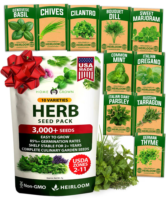 HOME GROWN 10 Herb Seeds for Planting 3,000+ Non-GMO Heirloom Seeds | Extra Large Variety Pack Herb Kit – Indoor Outdoor & Hydroponic | Culinary Seed Set | Grow Your Own Herbs | Gift for Beginners