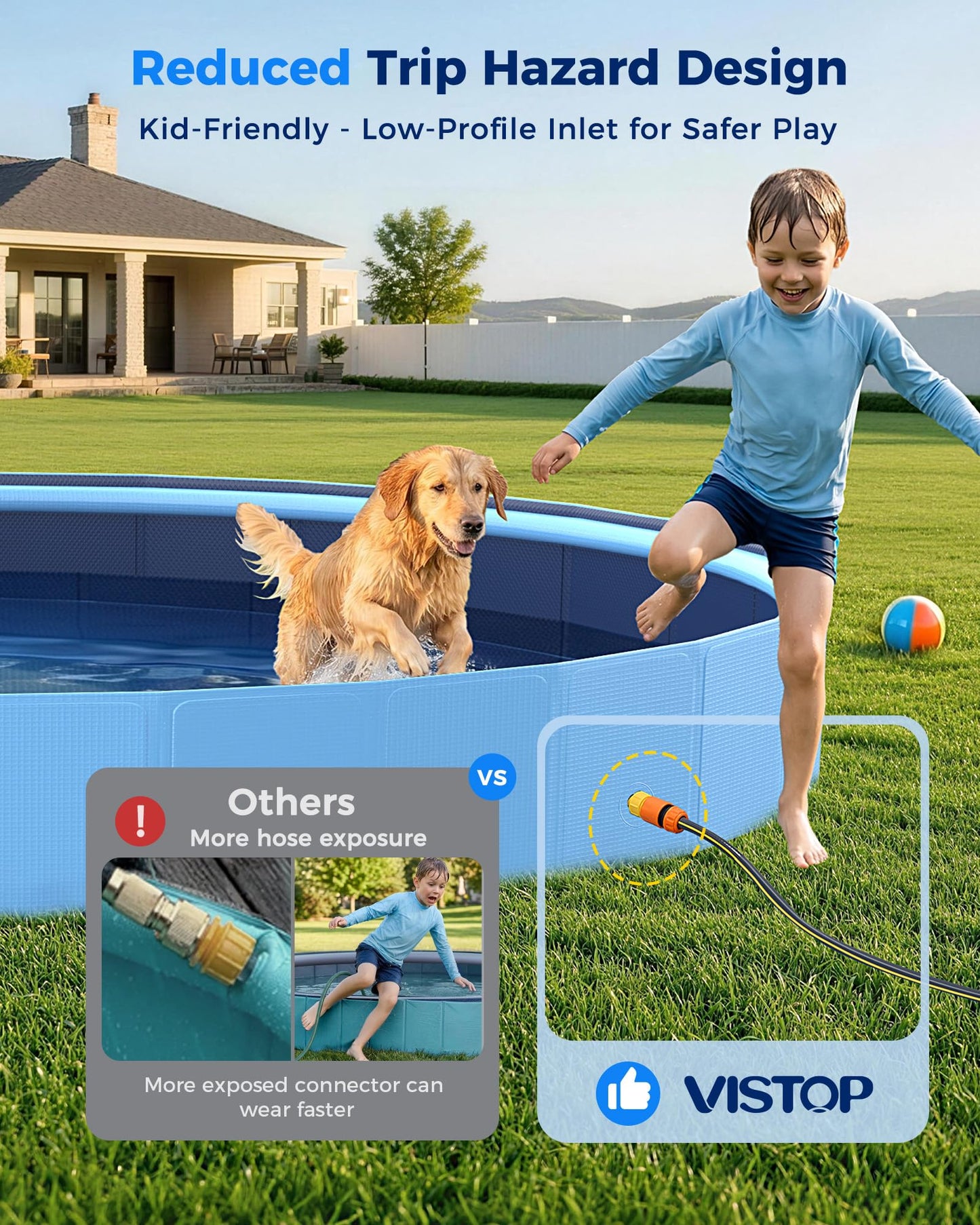 VISTOP 117" Extra Large Dog Pool with Sprinkler, Heavy Duty Foldable Hard Plastic Kiddie Pool, Non-Slip Collapsible Swimming Pool for Dogs, Kids & Pets, Portable Outdoor Backyard Water Play Tub