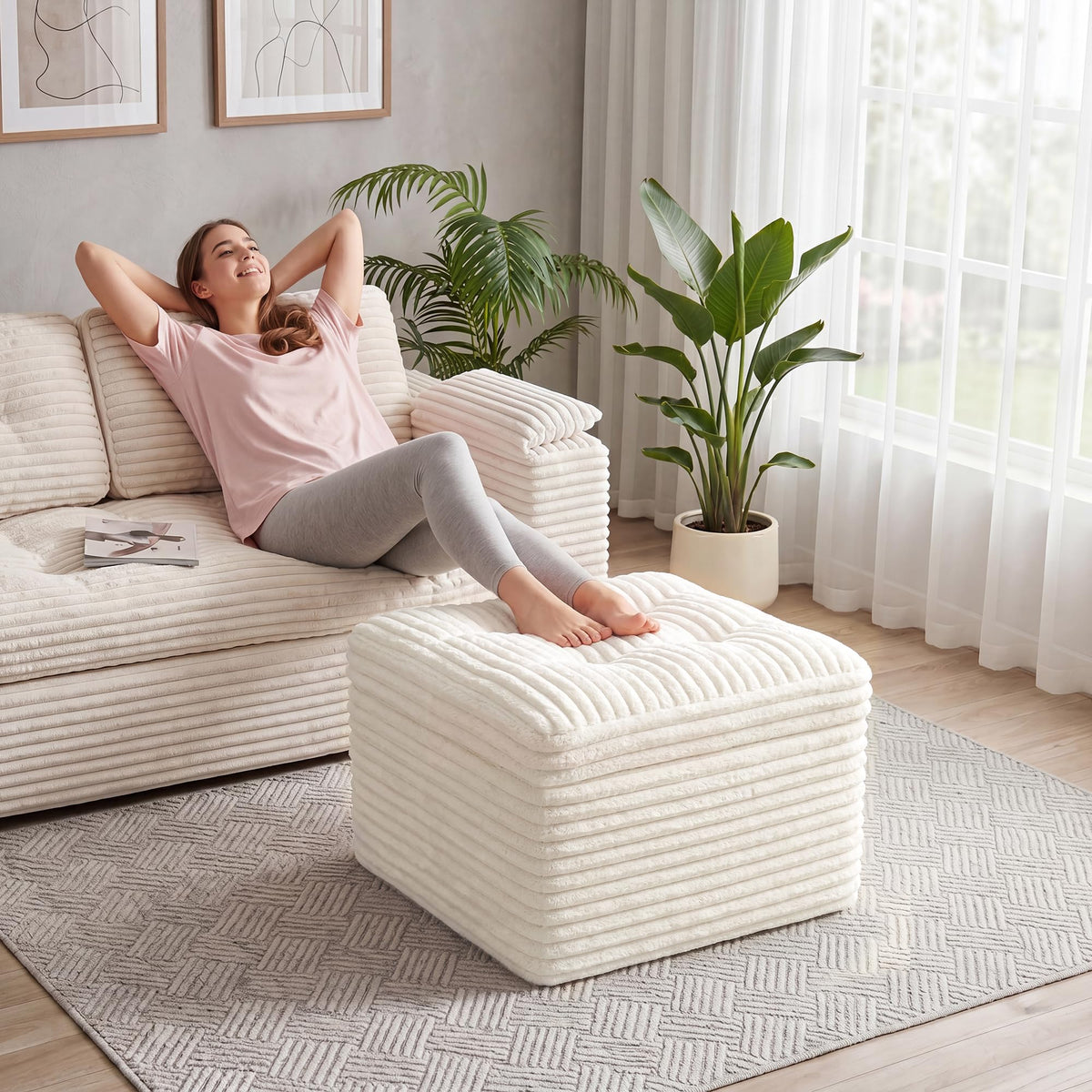 Fabulcozy 23.6in Pouf Ottoman, Corduroy Footstool Foot Rest Seating, Beige