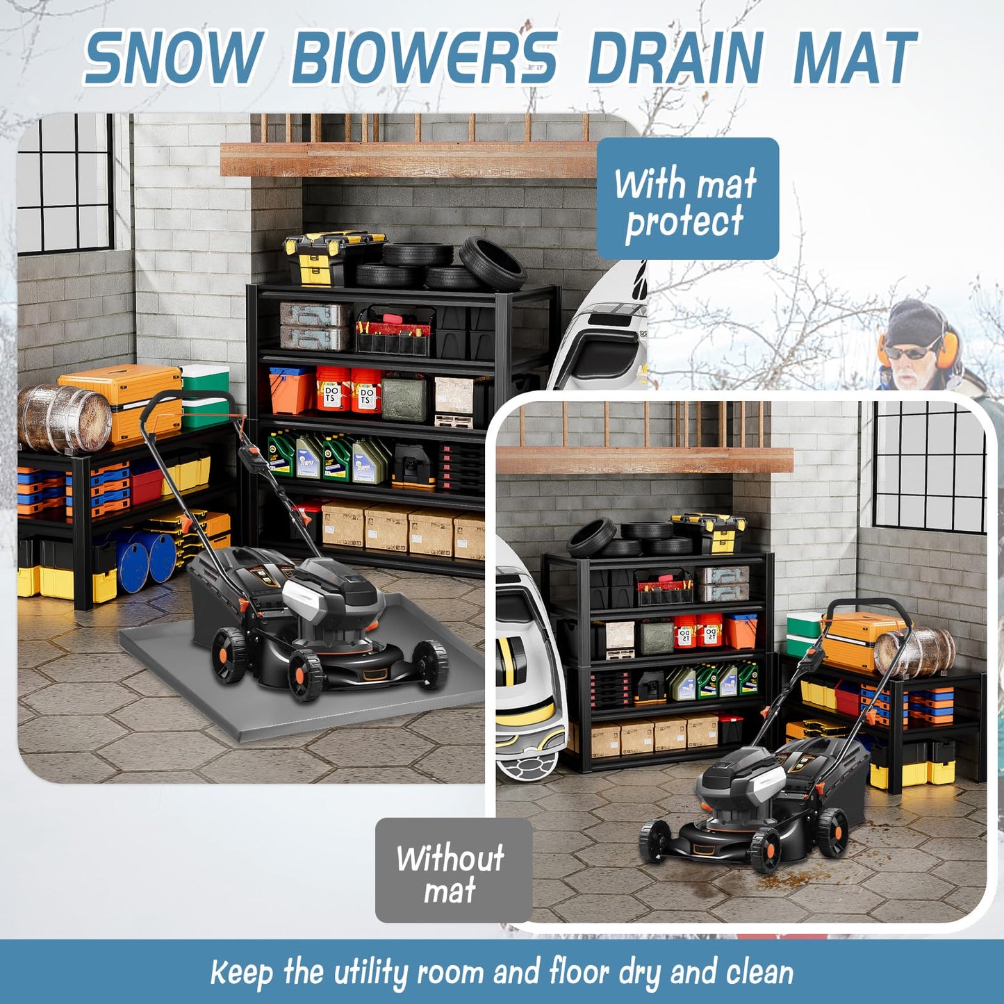 HFYZZ Snow Blower Mat, 27''x27'' Silicone Snowblower Drip Pan with Raised Edge for Garage, Electric Snow Shovel Mat Garage Oil Spill Protector Pad, Non-Slip No Splatter, Grey