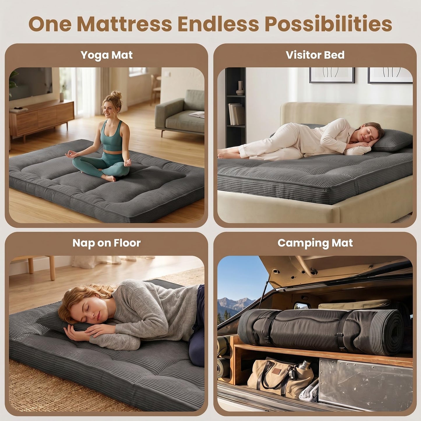 feliz home Japanese Floor Futon Mattress,4 Inch Memory Foam Mattress Topper Full,2 Inch Firm Cooling Gel Memory Foam and 2 Inch Soft Down Alternative for Back Pain Relief,Medium Support,Grey