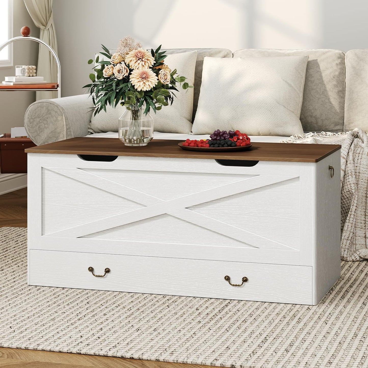 RALGEND Toy Chest, 39.4" Storage Chest with Drawer and Pull Handles, Wooden Storage Bench with Lift Top, Storage Trunk for Living Room, Bedroom, Entrance, White and Walnut