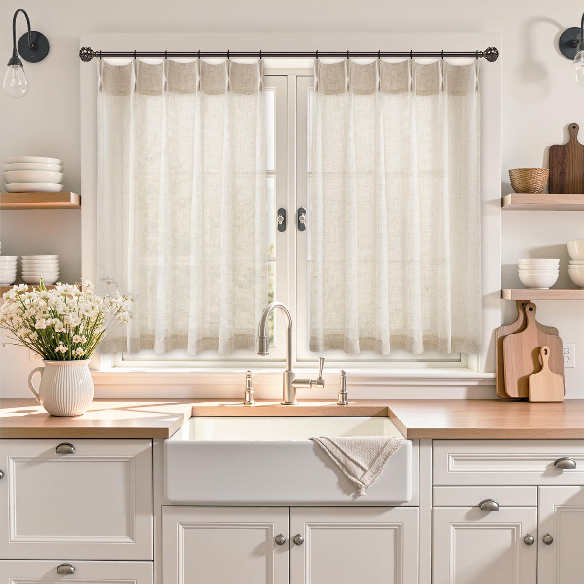 Fuhana Linen Kitchen Cafe Window Curtains,2 Panels(24" W x 20" L,Natural)