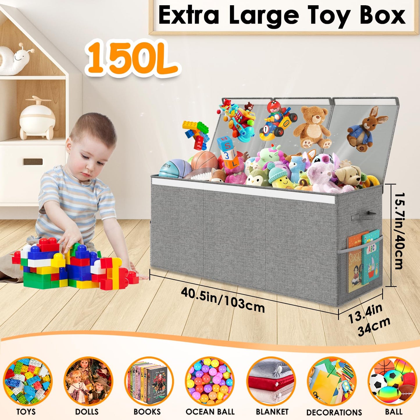 Fineonly Extra Large Toy Box Chest with Lid, Kids Toy Storage Organizer for Boys Girls, Big Toy Bin Basket Extra Large Toy Storage Box for Living Room Playroom Nursery (40" x14" x16")