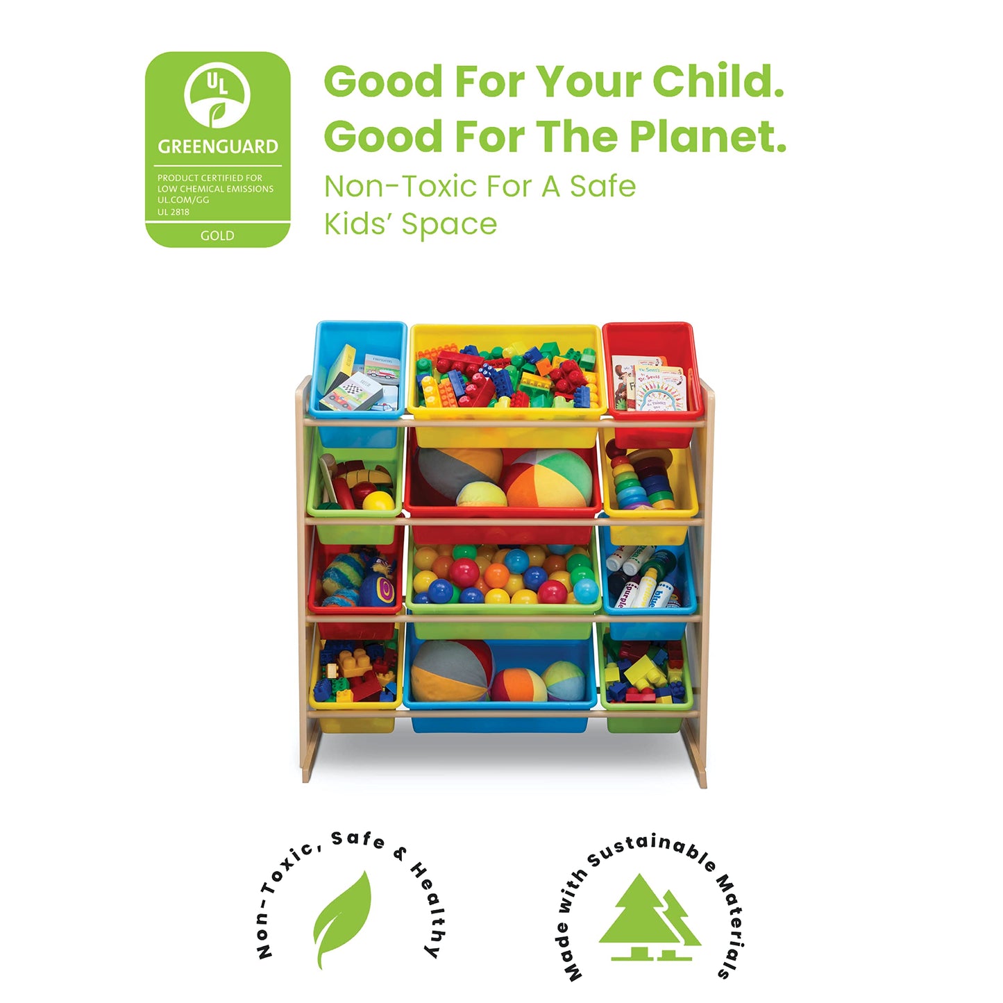 Delta Children Kids Toy Storage Organizer with 12 Plastic Bins - Greenguard Gold Certified, Natural/Primary