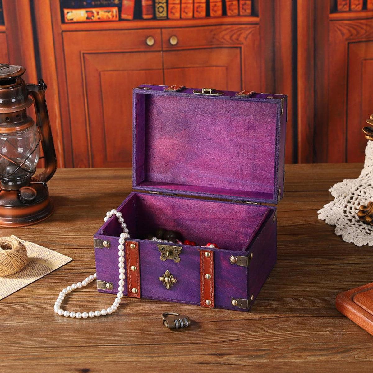 Vintage Treasure Chest Box, Wooden Jewelry Storage Organizer, 8.5x6x5in