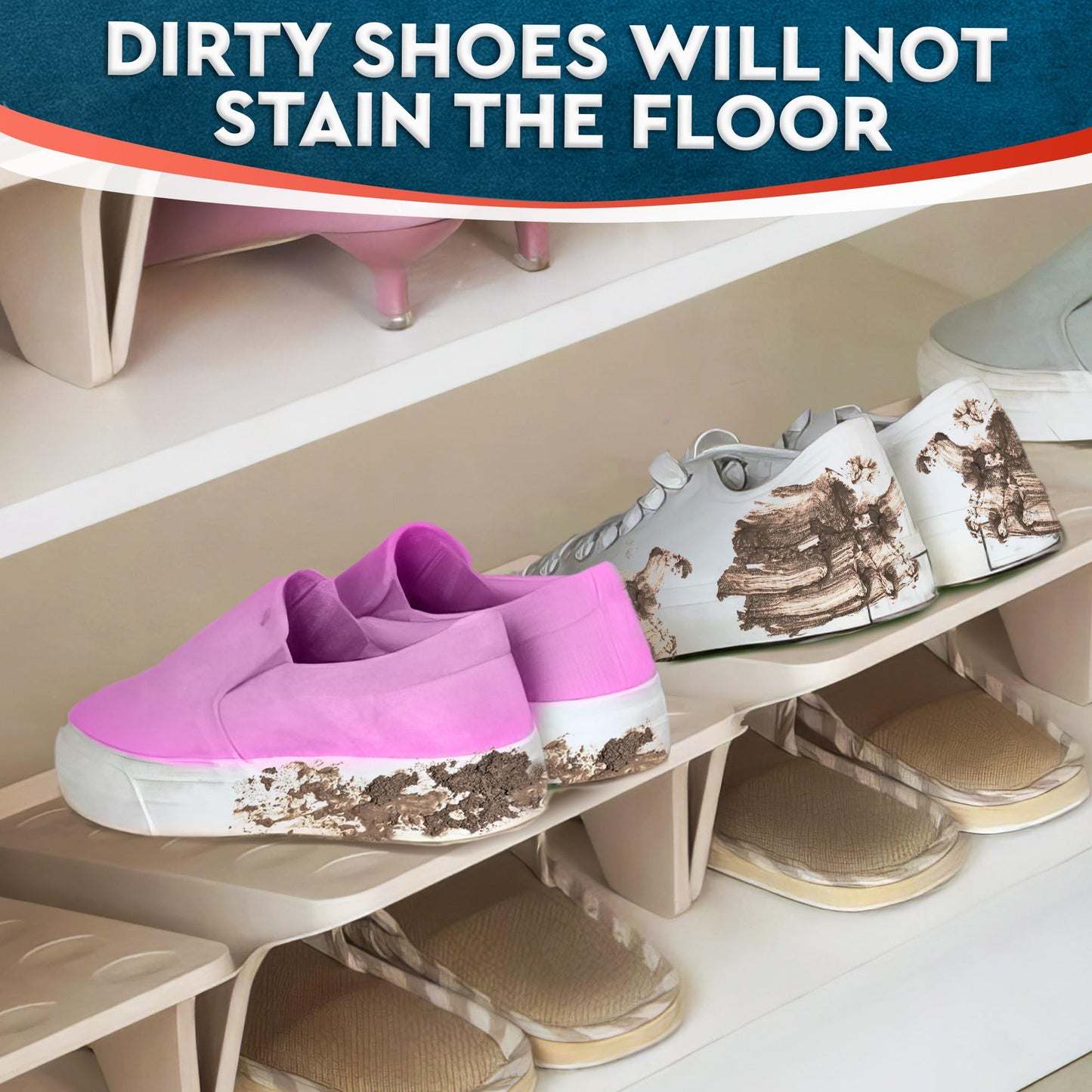 4 Pcs Stacking Shoe Organizer for Shelf 10 x 8.7 in – Double Layer Space Saving Shoe Dividers for Shelves – Footwear Riser for Heels Under 4.7", Sneakers & Flats Storage for Small Closets, Dorms, Apts