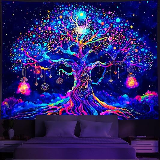 TUGCAY Blacklight Tree of Life Tapestry UV Reactive Tree Tapestries Nature Galaxy Space Tapestry Colorful Starry Sky Wall Hanging Decor for Bedroom (50" X 60")