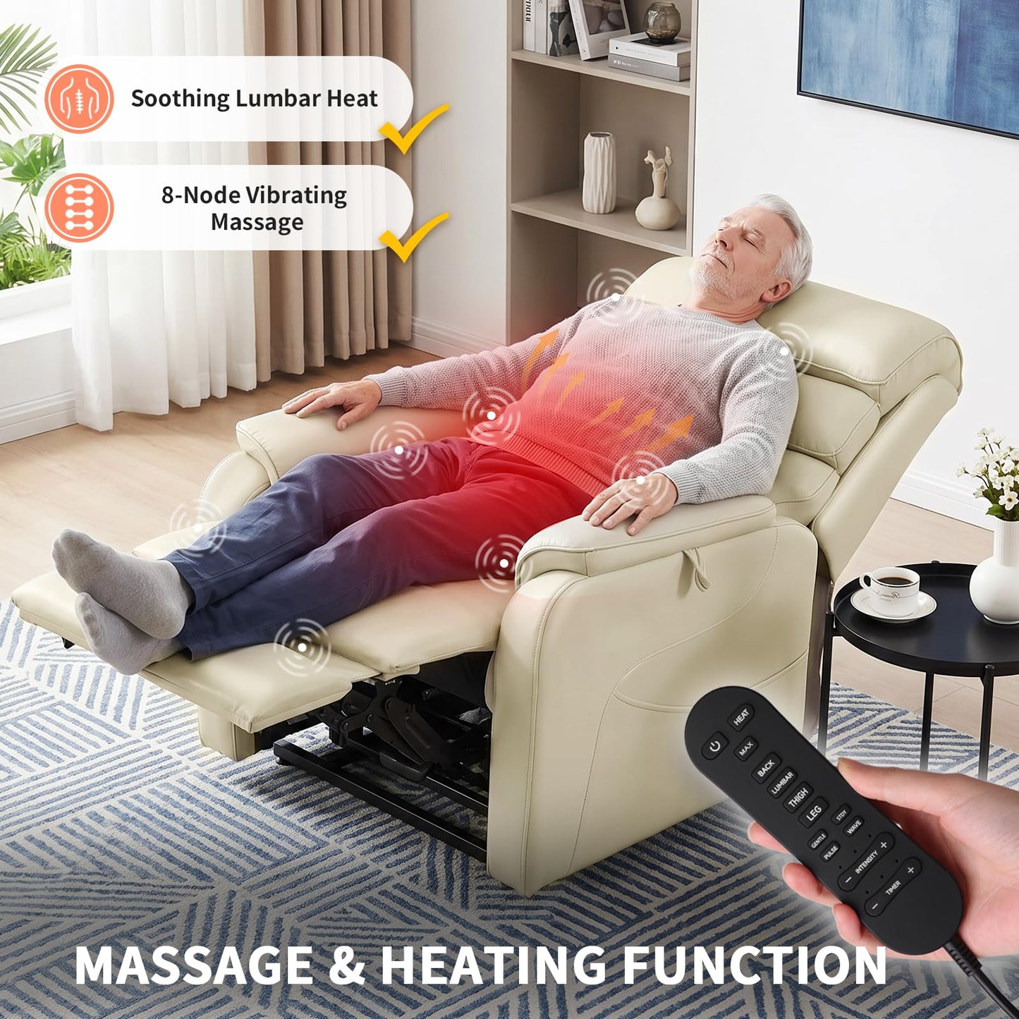 EONIX Dual Motor Lay Flat Power Lift Recliner Chair for Elderly, Breathable Leather Electric Lift Chairs for Adults, 400lbs Heavy Duty Power Recliner with Heat and Massage, SLRY003061, Cream White