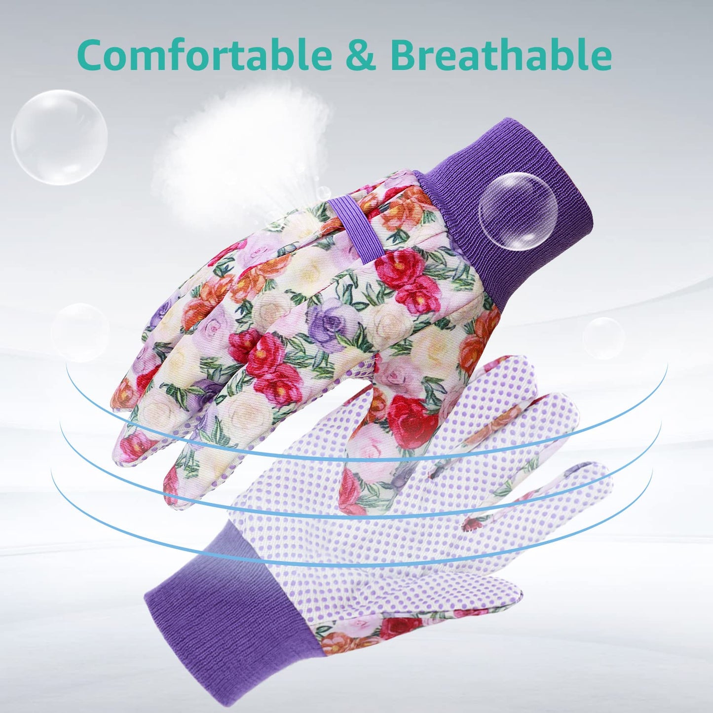 JUMPHIGH 4 Pairs Garden Gloves for Women, Floral with Non-Slip PVC Dots, Ladies Soft Breathable Yard Work Light Working Gloves, Elastic Knit Wrist, Large