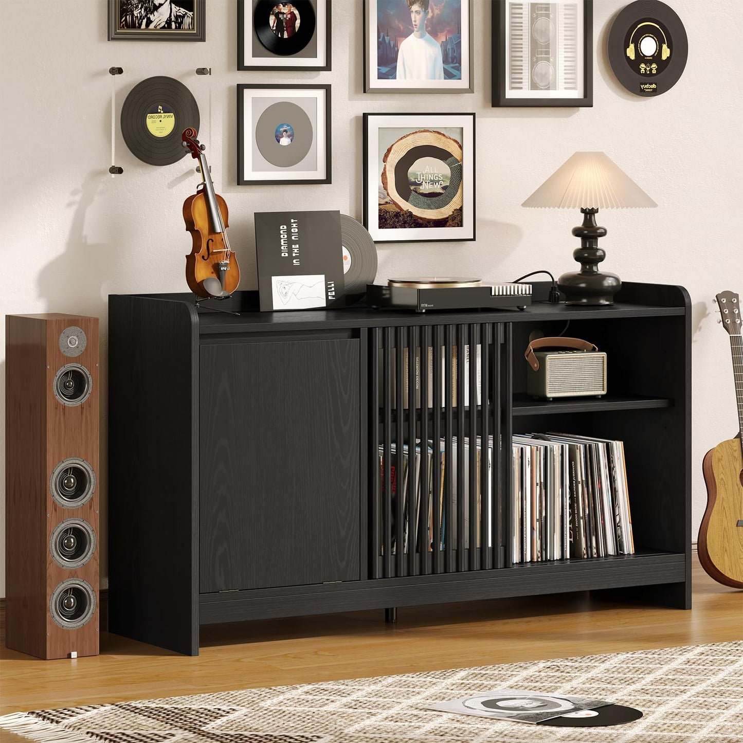 ONBRILL 48" Record Player Stand w/Flip-Out Storage Cabinet, Sliding Door