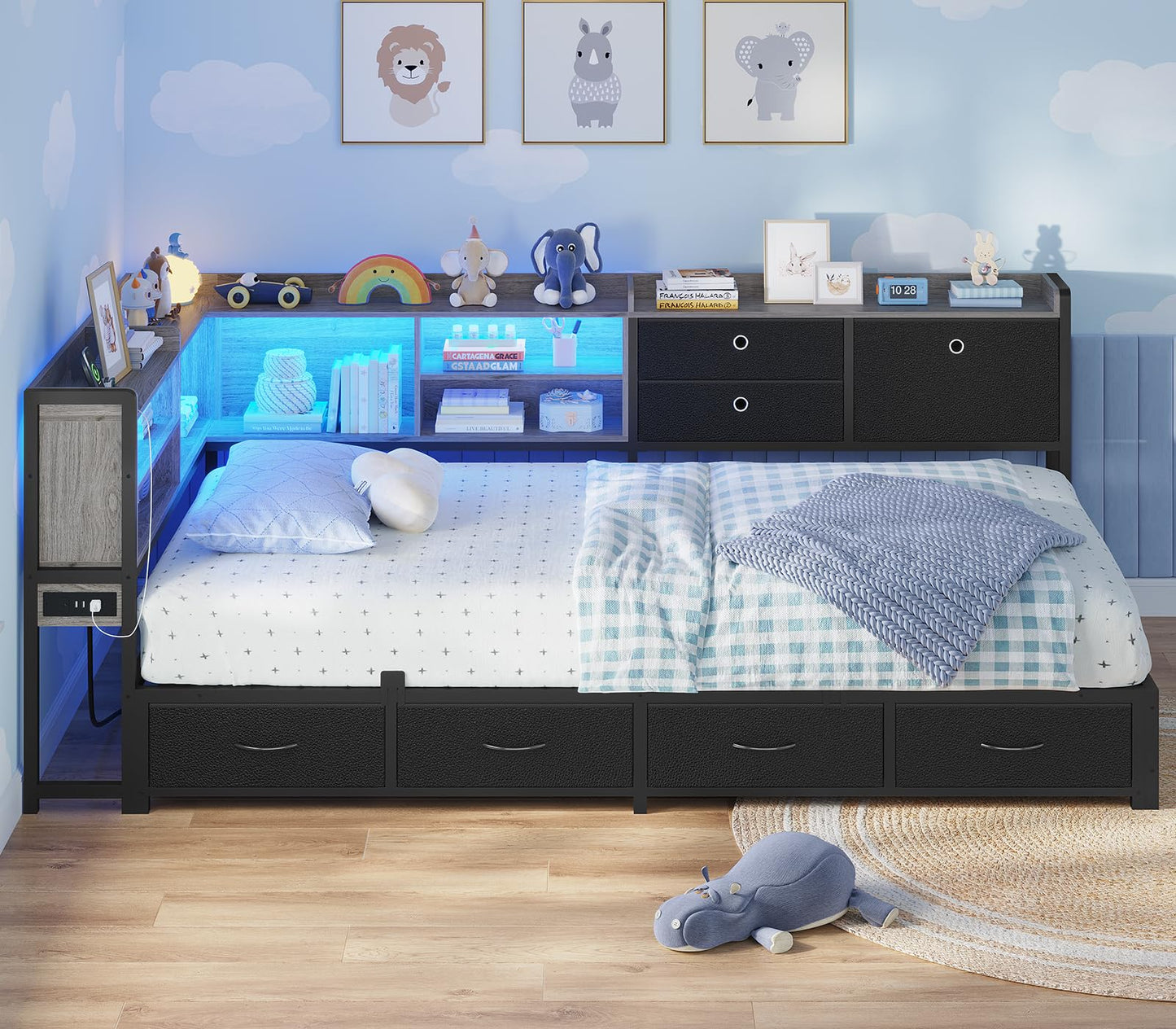 BTHFST Corner Bed Frame with Charging Station & Led Lights, Twin Bed Frame with 8 Storage Drawers & Bookcase, Twin Daybed with Storage Headboard for Kids Guests, Black & Gray