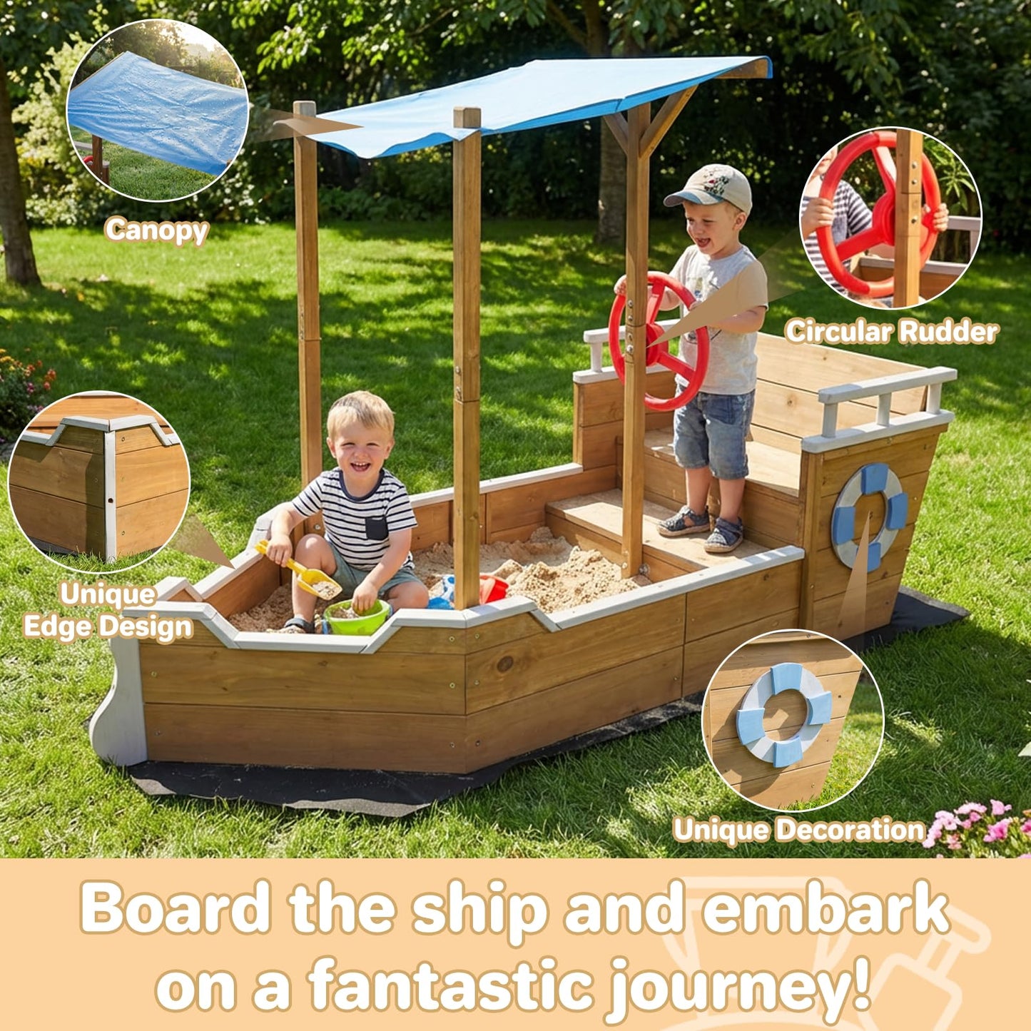 Wooden Kids Sandbox, Ship-Shape Sand Box Toy Box with Bench Seat & Hidden Storage Space, Outdoor Playset, Sand Box Sensory Table for Kids Ages 3-8