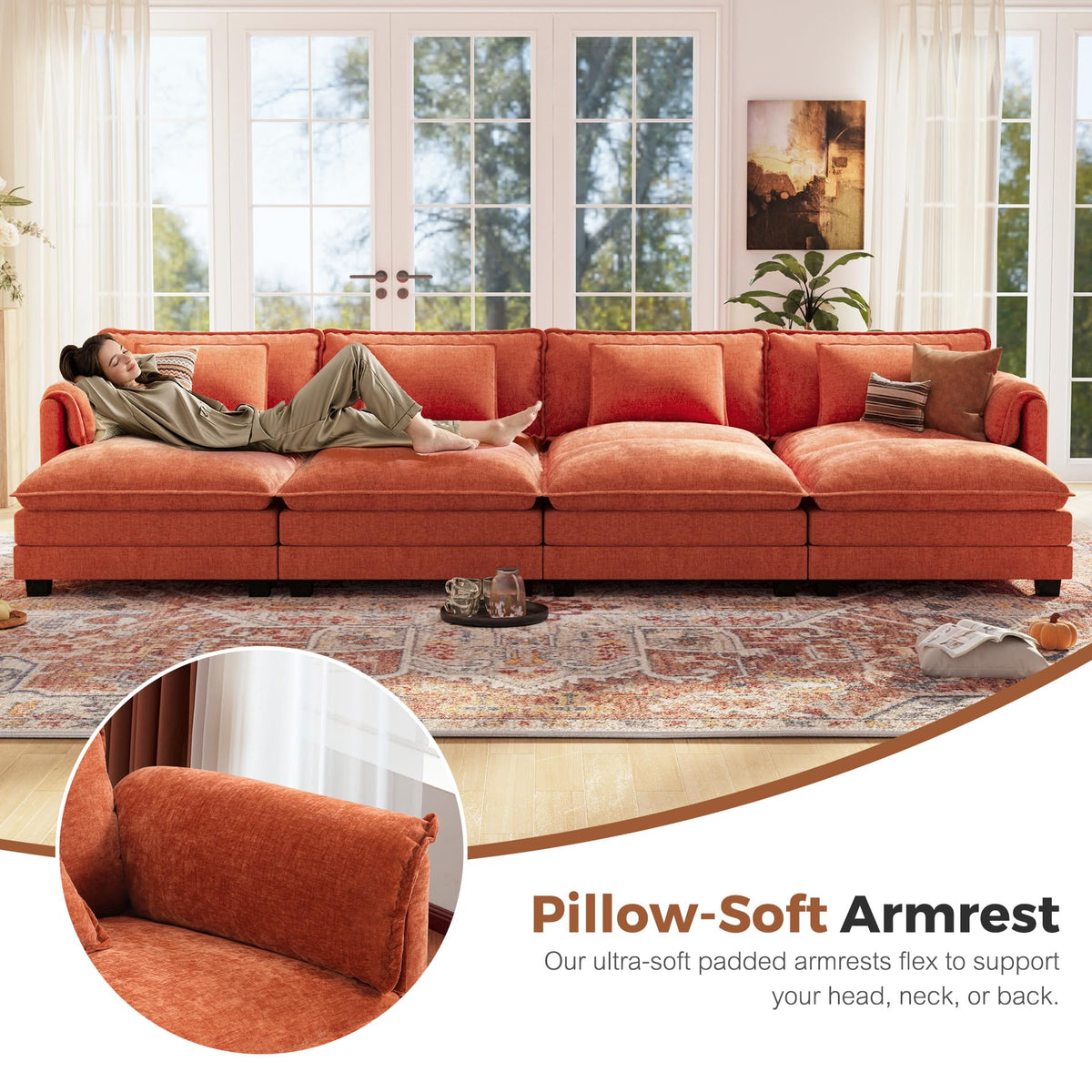 ABCASA 113" Oversized Cloud Couch Modular Sectional Couches for Living Room, Large 6-Seat Deep Seat Sleeper Sofa Bed Modern Sofa with Movable Ottoman and Throw Pillows for Apartment - Chenille Orange