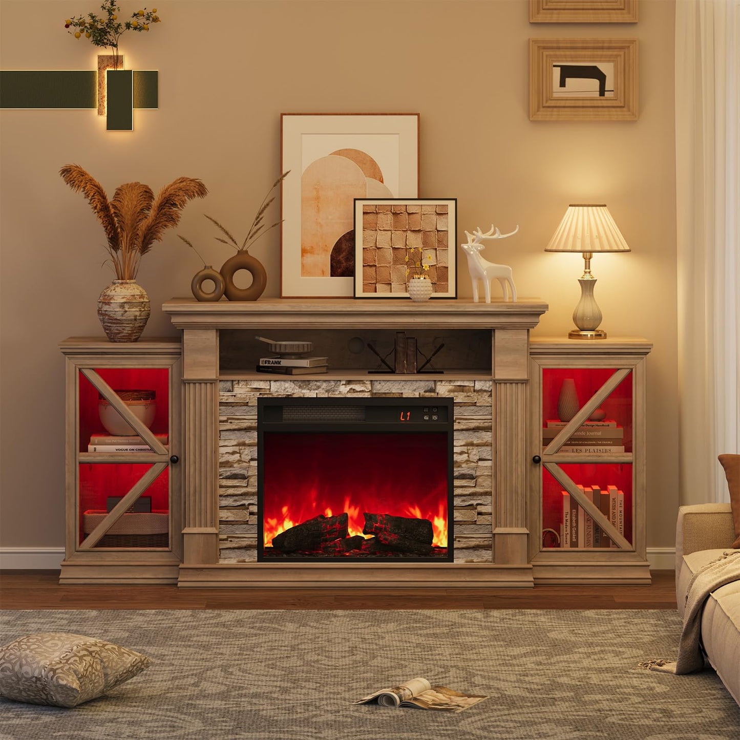 QUW Electric Fireplace TV Stand, 70" Farmhouse Entertainment Center with Open Shelf and Glass Barn Door Cabniet, Modern TV Console Table with 7 Flame Colors for Living Room, Grey