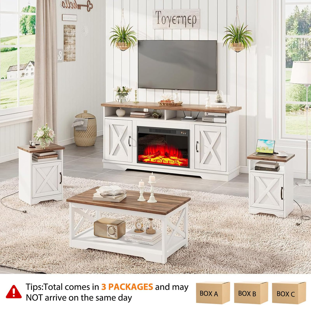 AMERLIFE Farmhouse Living Room Table Set with 63 Inch Fireplace TV Stand