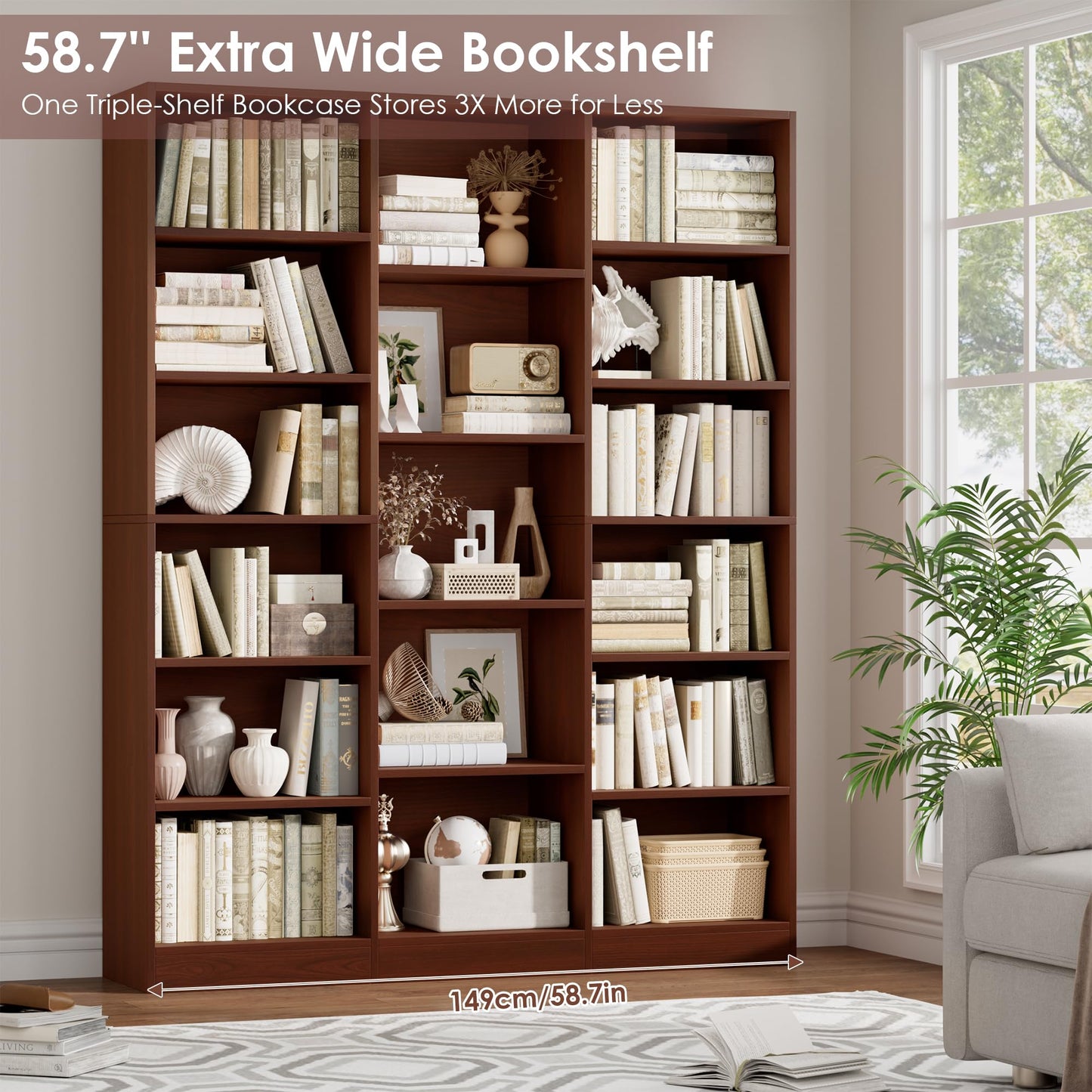 FACBOTALL Triple Wide Bookshelf, Large Bookshelf with 17 Display Shelves