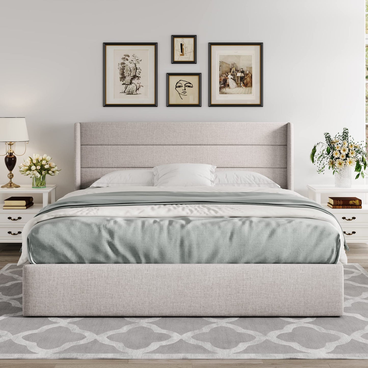 Allewie King Size Lift Up Hydraulic Storage Bed Frame Light Beige