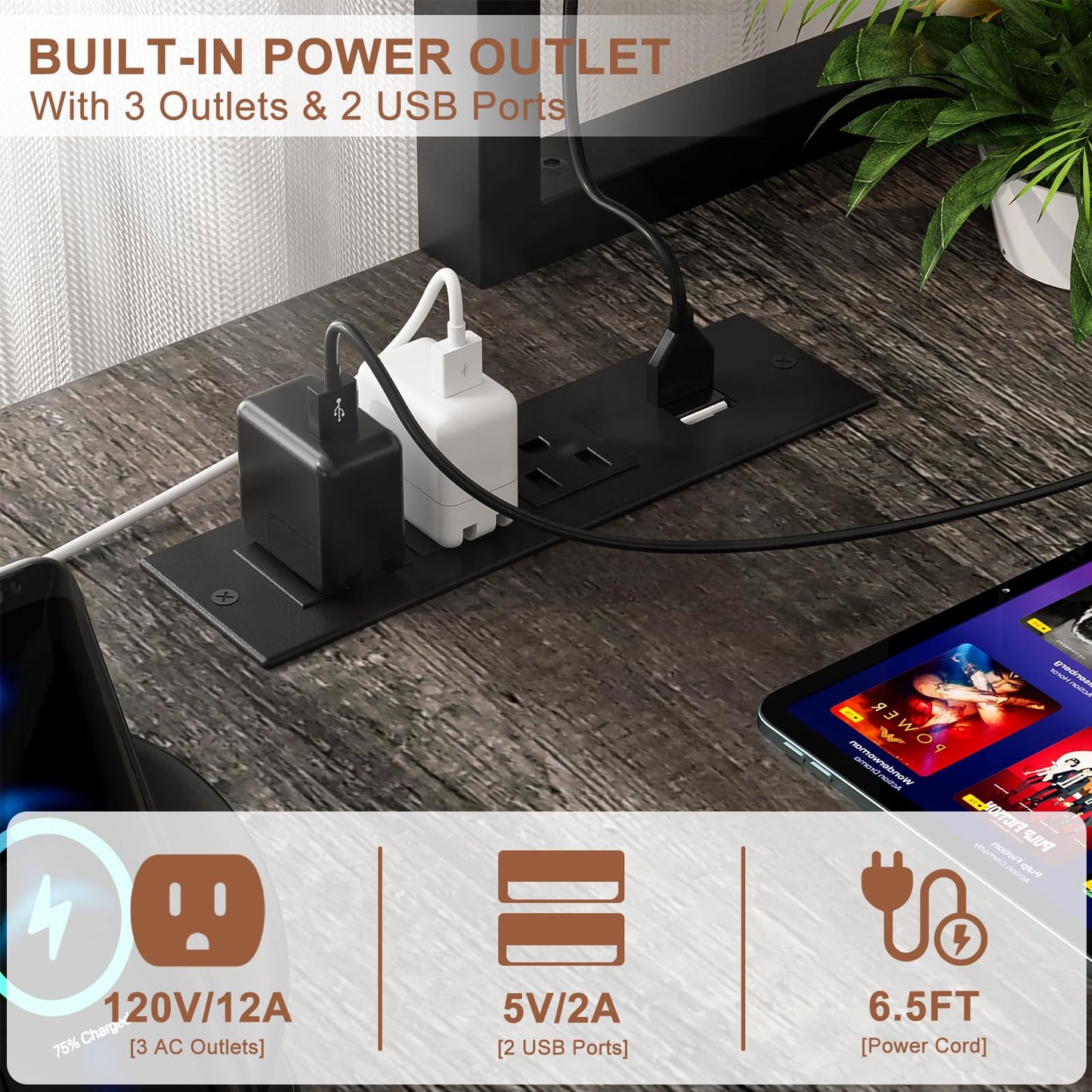 Aheaplus 59" L Shaped Desk Gaming Desk with LED Light & Power Outlet