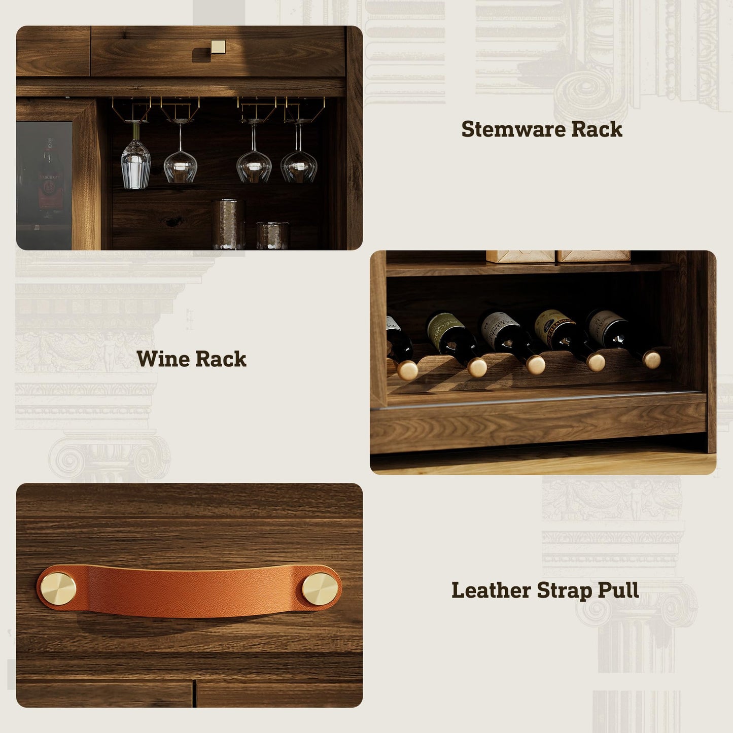 STO'SENSE Extra Large Coffee Bar Cabinet w/Fridge Space&Power Outlet,Lux MiniFridge Cabinet w/2Drawers,Wine Rack,Leather Handle,Adj.Shelves,Bar Tray,Glass Holder&Sliding Door,Buffet Sideboard,Walnut