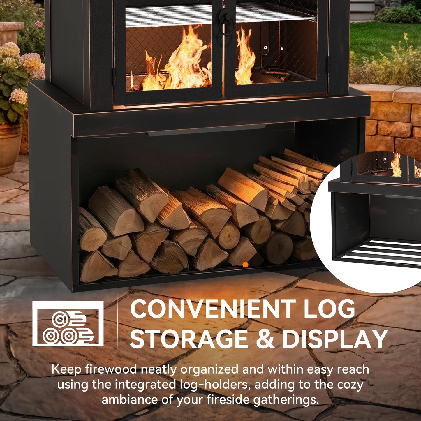 Gardenbee 31.5" Outdoor Wood Fireplace with Chimney and Wood Storage, Fireplace with Fire Pocker, BBQ Grill & Gloves, Outside Removable Fire Pit for Patio, Garden and Deck, Black