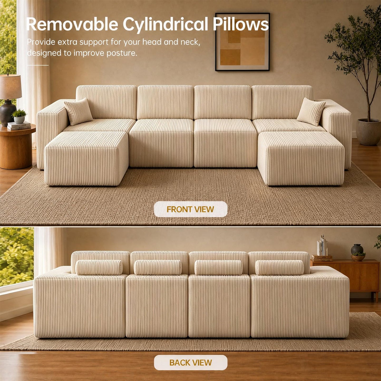 130'' Modular Sectional Couches for Living Room, Deep Seat Corduroy Convertible L Shaped Sofa with 2 Ottomans, Removable Cover, Side Storage Pockets & Adjustable Back Pillows, Beige