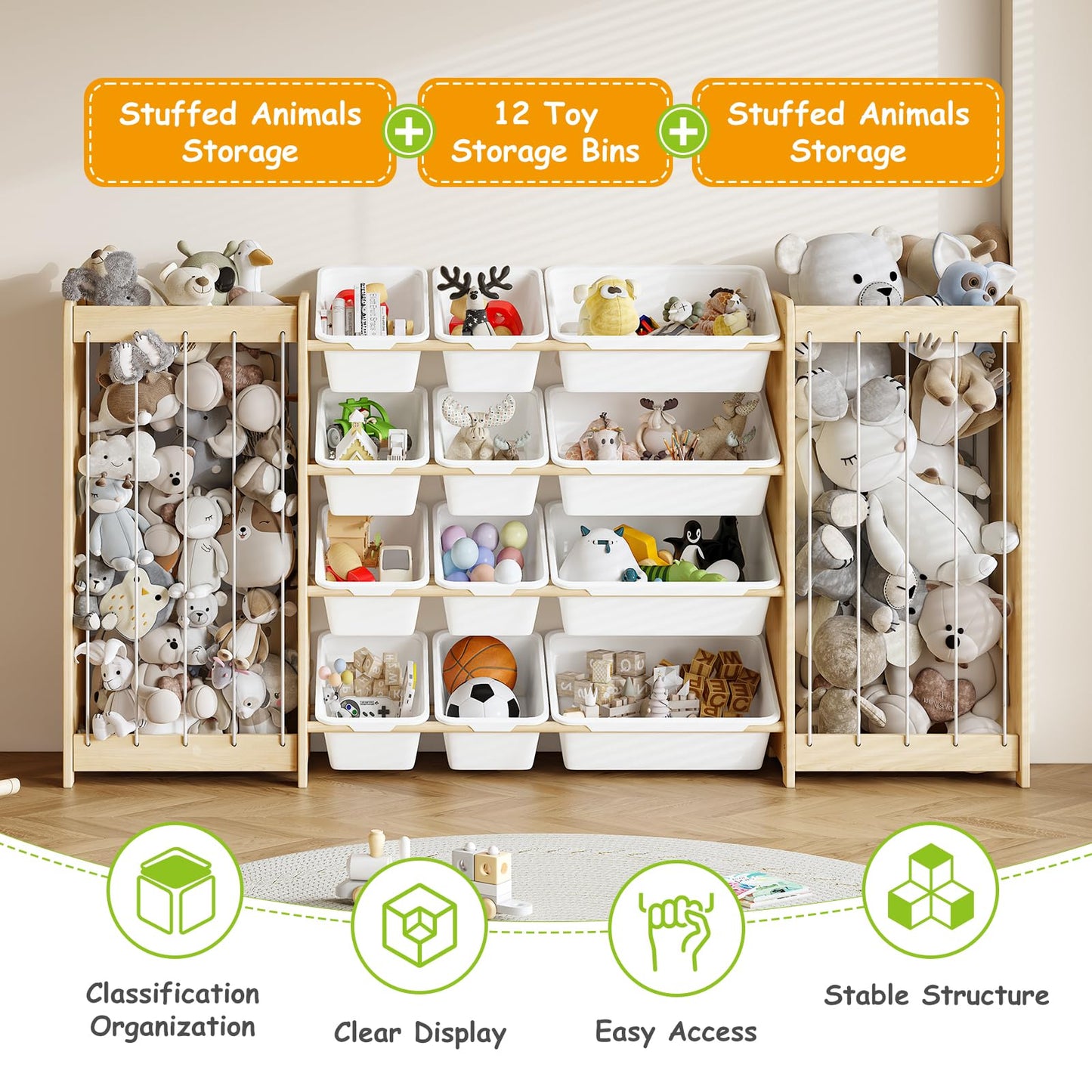 EXPERLAM Large Toy Storage Organizer, Wooden Stuffed Animal Storage & 12-Bins Toy Organizer, Double-Sided Plush Toy Holder Featuring Thicker Ropes, Space Save Playroom Nursery Bedroom Storage, White