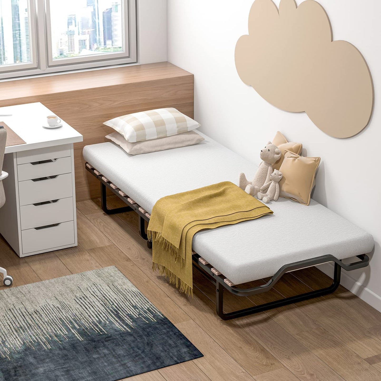 Giantex Folding Bed with Mattress for Adults, Cot Size Rollaway Bed for Guest, Portable Foldable Bed w/Memory Foam Mattress & Metal Frame for Easy Storage, 75"x 31"