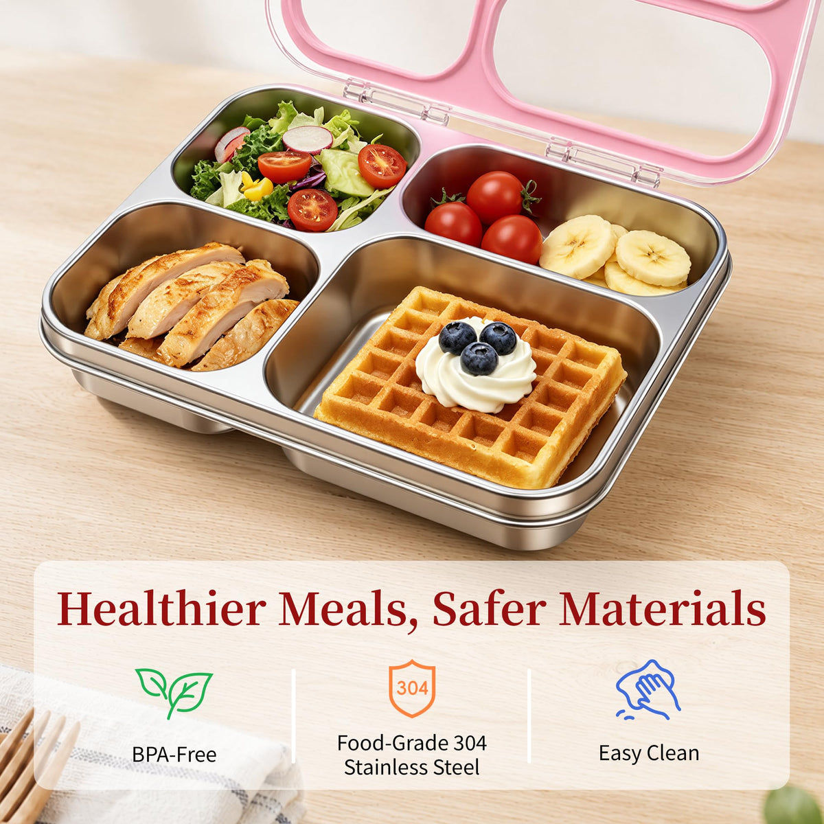 Reeple Stainless Steel Lunch Box for Kids, Leakproof 4 Compartment Kids Bento Lunch Box with Clear Lid, BPA-Free Steel Lunch Box Containers for School Travel (Pink)