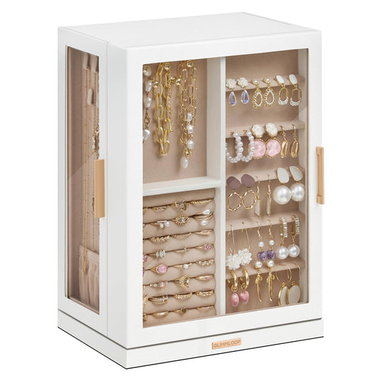 Glimmloop 360° Rotating Jewelry Box with 7 Drawers, Spacious Vertical Jewelry Organizer with Glass Window, Jewelry Storage Case, Dustproof & Moisture-resistant Design, White