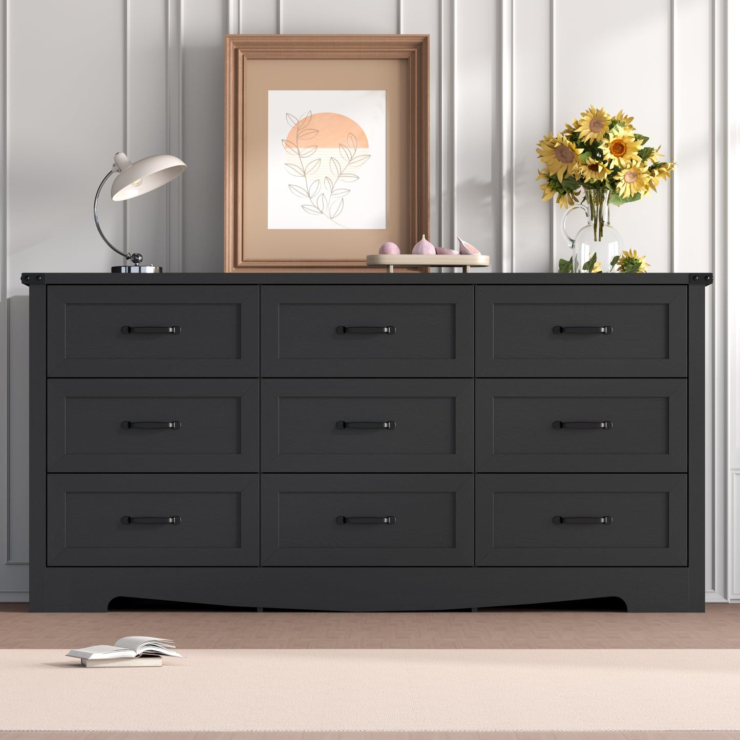 Thacuok Black Dresser for Bedroom, 59'' Wide Chest of Drawers with Natural Wood Texture, 9 Drawer Dresser for Closet with Metal Handles, Sleek Storage Solution for Living Room, Office, Hallway