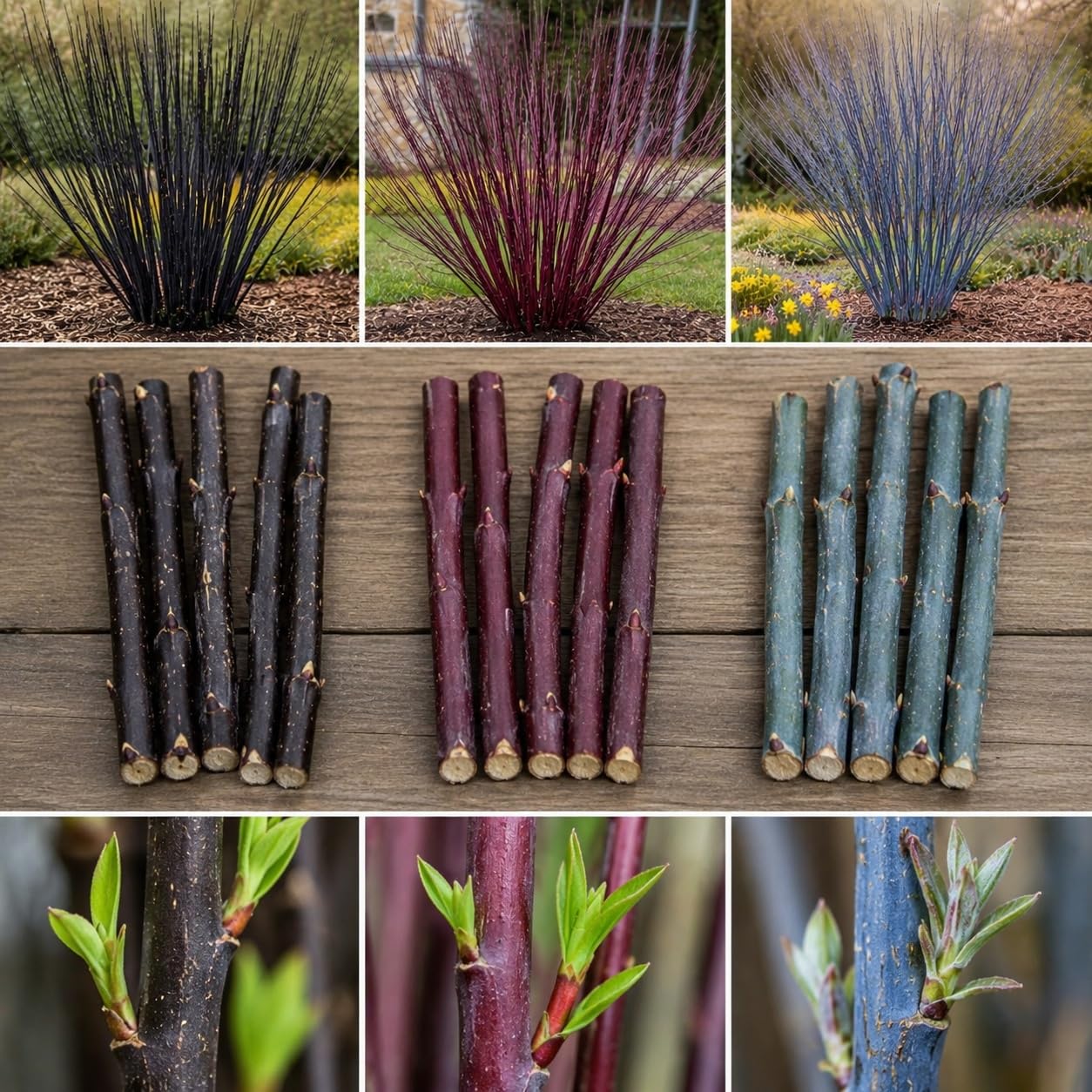 Colorful Willow Bush Cuttings Kit | 15 Live Cutting's for Planting | 5 Blackskin, 5 Purple Continental & 5 Blue Bark Willow Cuttings | Fast Growing Ornamental Shrubs for Landscaping & Privacy