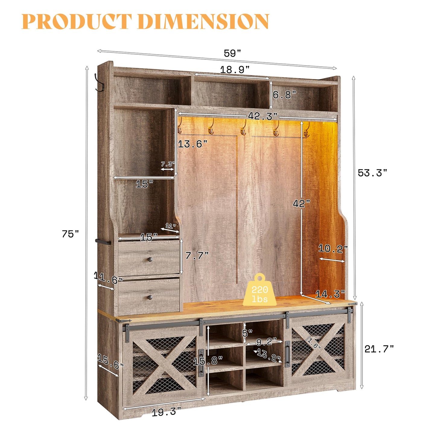 AMERLIFE 75" 7-in-1 Farmhouse Hall Tree with Shoe Bench & LED, Rustic Grey