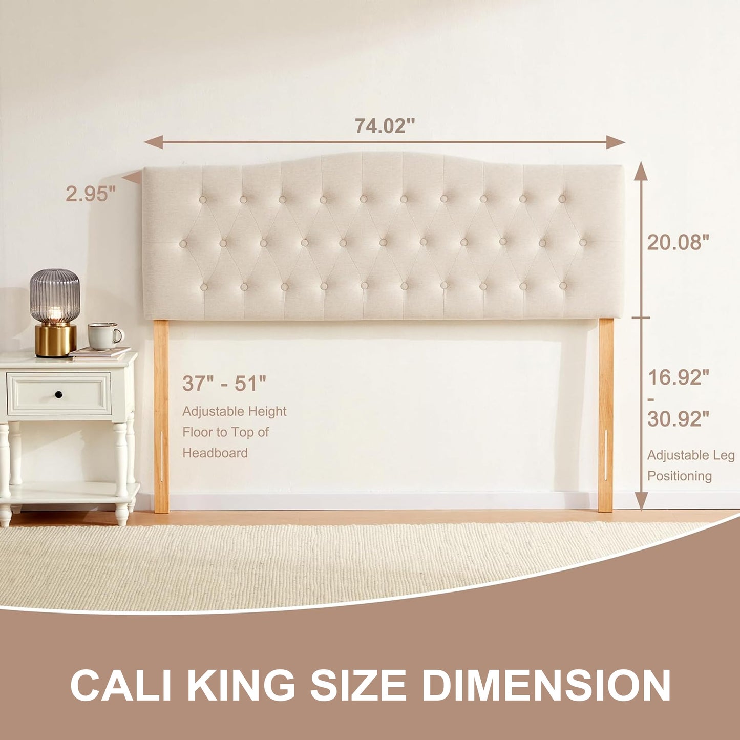 Huatean Home Tufted Upholstered Headboard California King, Sturdy and Durable Solid Wood Bed headboard, Fabric Headboard Adjustable Height from 37” to 51”, Button Diamond Design Head Board, Beige