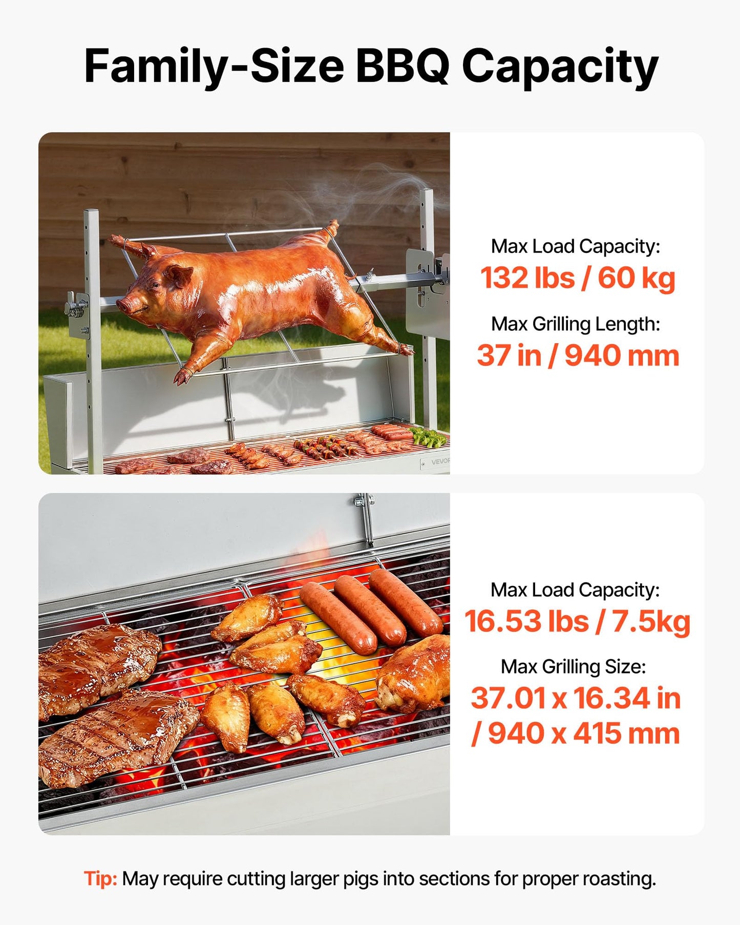 VEVOR Rotisserie Grill, 37in BBQ Outdoor Pig & Lamb Spit Roaster, Charcoal Spit Roaster with 132 LBS Load Capacity & 7-Level Height, Stainless Steel Electric Rotisserie Grill Kit for Camping Outdoor