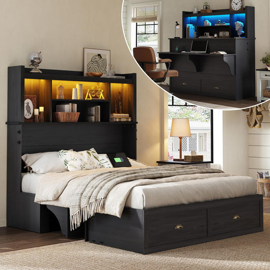 AMERLIFE Full Murphy Bed with Bookcase Headboard & LED Light, Farmhouse Cabinet Bed with Storage Drawer, Charging Station and Desk for Home Office/Guest Room/Small Spaces, Black