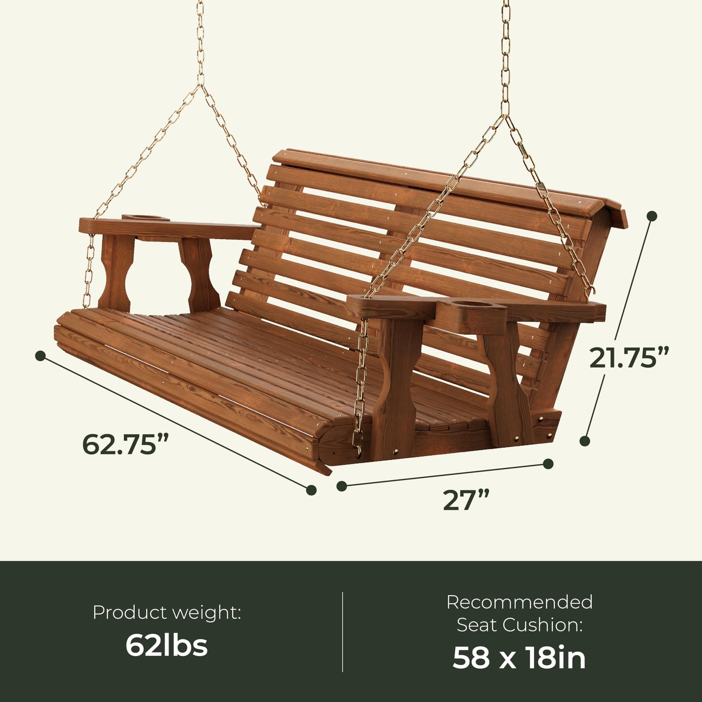 Amish Casual Heavy Duty 700 Lb Capacity Porch Swing with Cup Holders (5 Foot, Cedar Stain) – Wooden Outdoor Roll Back Swing with Hanging Chains – Amish Made in the USA
