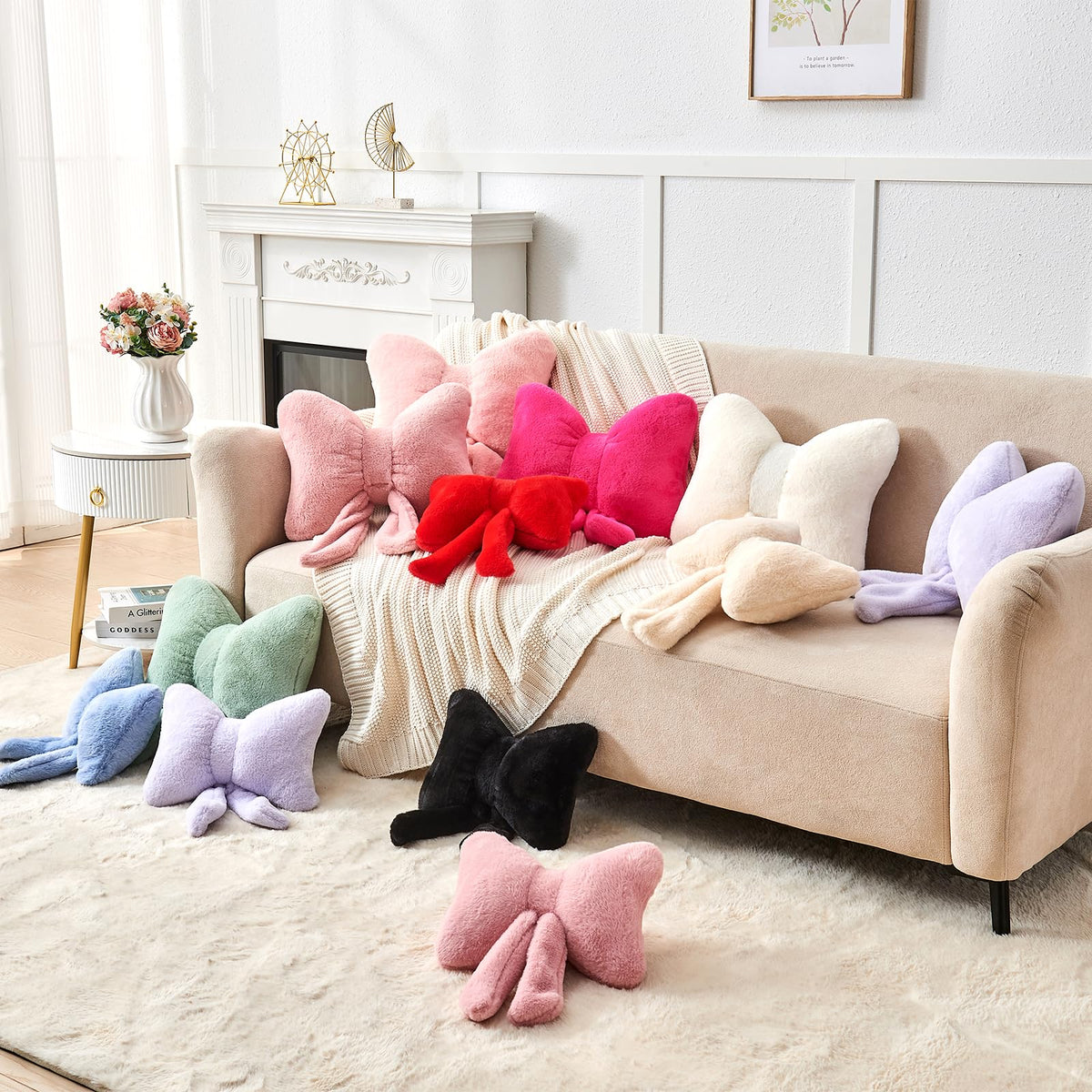 Mepherl Pink Bow Pillow, 12 x 9 in Bow Shaped Throw Pillow with Faux Rabbit Fur, Soft Decorative Accent Pillow for Bed, Couch, Sofa, Coquette Aesthetic Room Decor