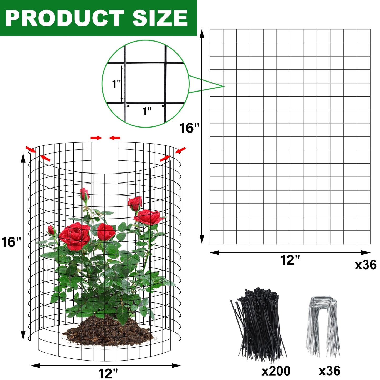 winemana 12 Set Garden Plant Protector Cage,36 Pcs 16x12 in Metal Wire Protectors for Plants Protection Cages with Stakes Ties Animals Barrier to Keep Rabbit Chicken Away from Flower Vegetables(Black)