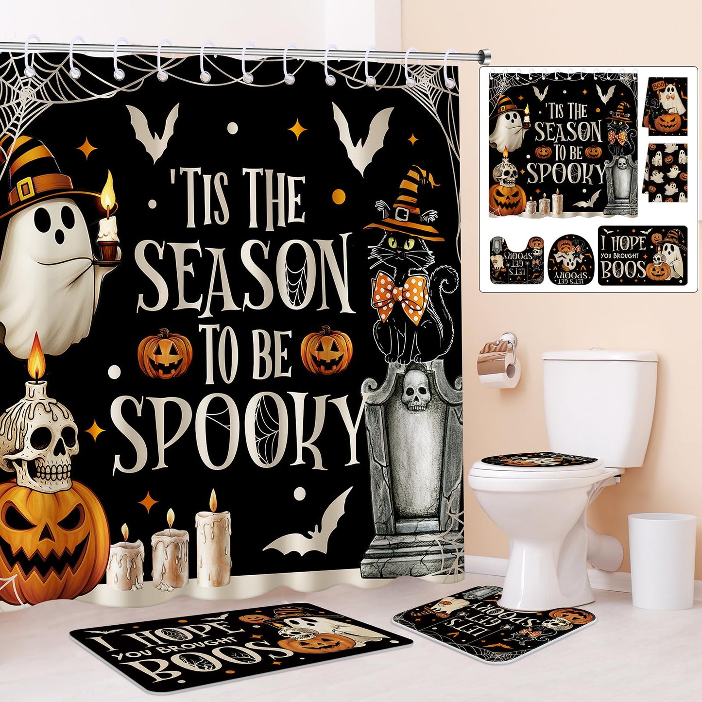 HunnmingRe 6 Pcs Halloween Bathroom Decor, Spooky Ghost Shower Curtain Sets
