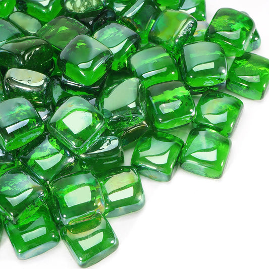 vchin Fire Pit Glass Rocks Square, Fire Glass Cubes, Tempered Beads for Fireplace, Firepit Table Indoor or Outdoor, Replacing Traditional Burning Wood 20 pounds, Green Reflective
