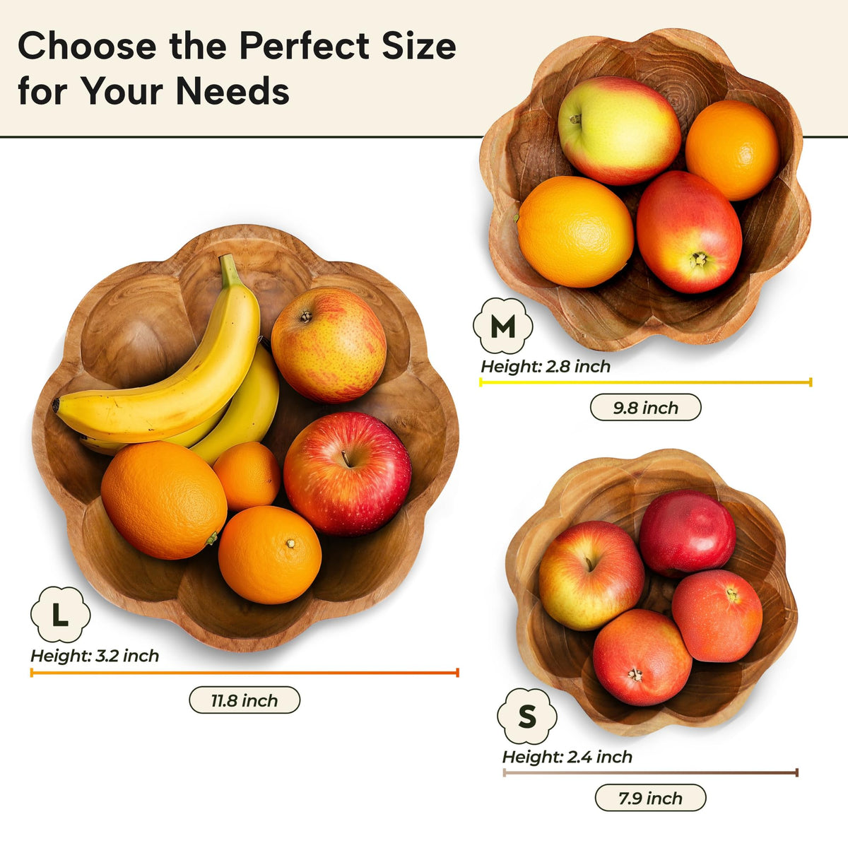 Decorative Wooden Bowl, Large Fruit Bowl for Kitchen Counter, Teak Wood