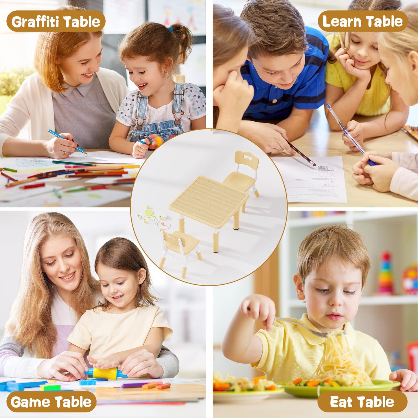 Brelley Kids Table and 2 Chairs Set, Height Adjustable Toddler Desk and Chair Set, Graffiti Desktop, Classroom/Daycare/Home, Children Multi-Activity Table for Ages 3-8