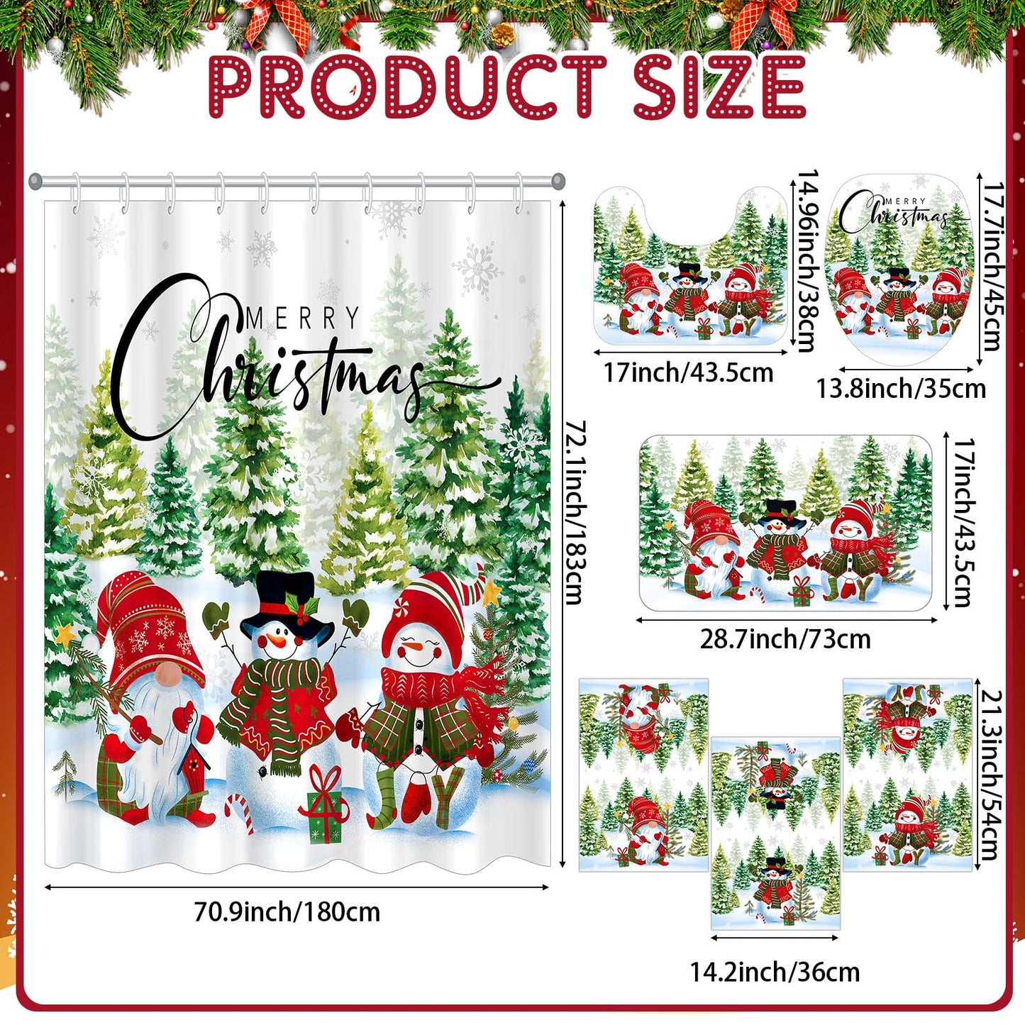 Tiamon 7 Pcs Christmas Snowman Shower Curtain Set with Rugs Toilet Mats