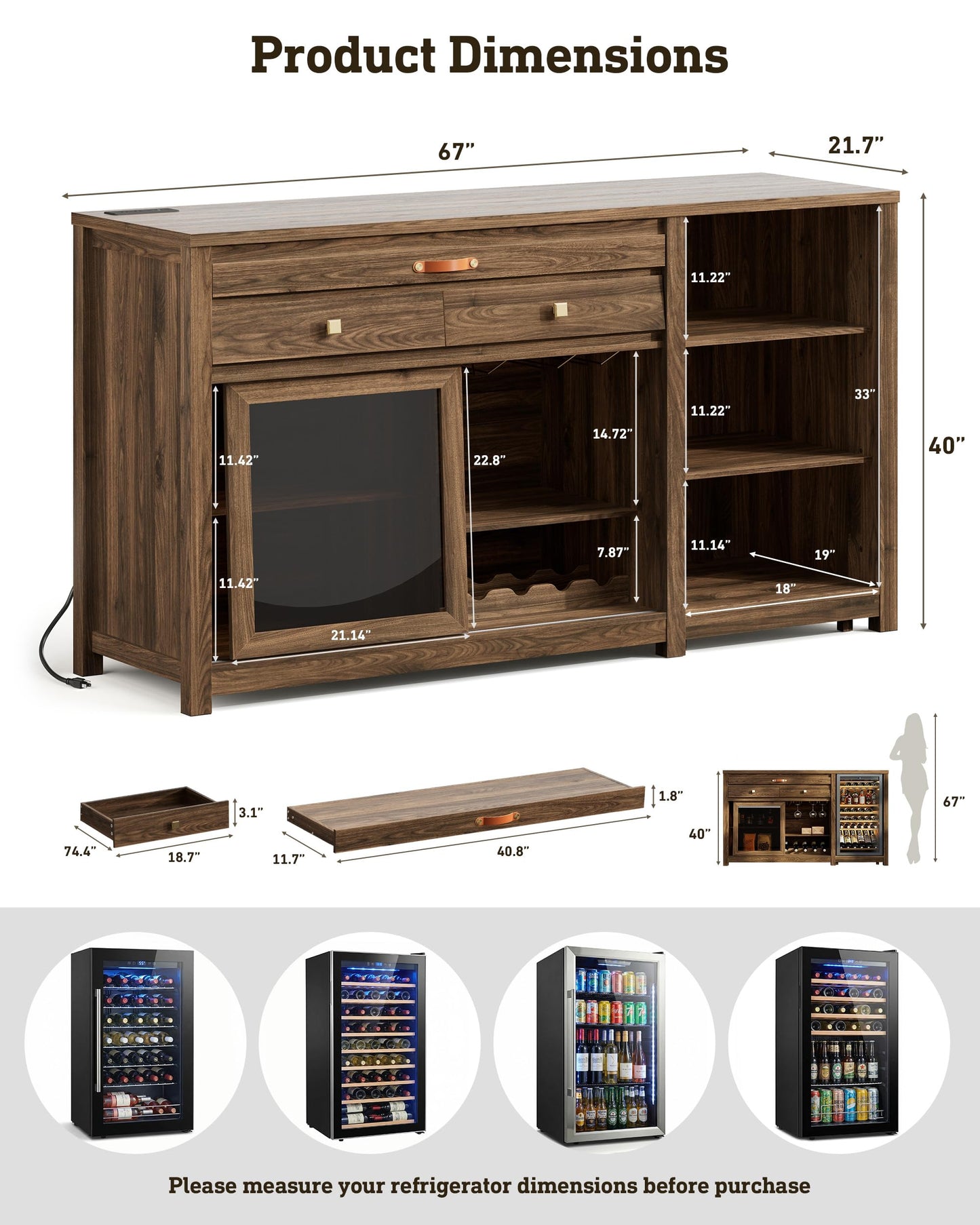 STO'SENSE Extra Large Coffee Bar Cabinet w/Fridge Space&Power Outlet,Lux MiniFridge Cabinet w/2Drawers,Wine Rack,Leather Handle,Adj.Shelves,Bar Tray,Glass Holder&Sliding Door,Buffet Sideboard,Walnut
